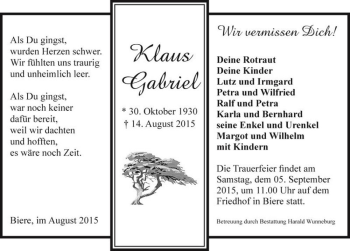 Traueranzeige von Klaus Gabriel  von Magdeburger Volksstimme
