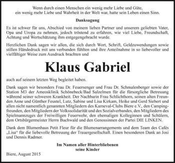 Traueranzeige von Klaus Gabriel  von Magdeburger Volksstimme