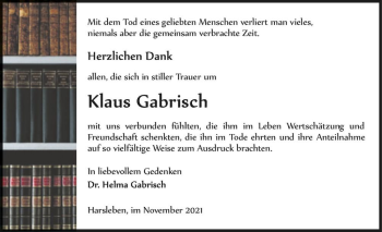Traueranzeige von Klaus Gabrisch  von Magdeburger Volksstimme
