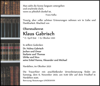 Traueranzeige von Klaus Gabrisch  von Magdeburger Volksstimme