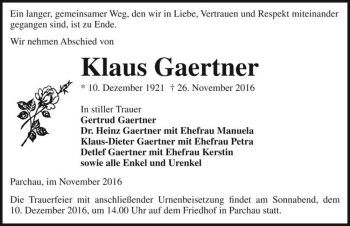 Traueranzeige von Klaus Gaertner  von Magdeburger Volksstimme
