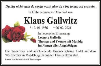 Traueranzeige von Klaus Gallwitz  von Magdeburger Volksstimme