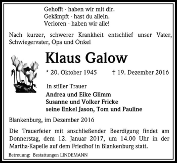 Traueranzeige von Klaus Galow  von Magdeburger Volksstimme