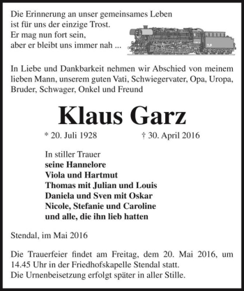 Traueranzeige von Klaus Garz  von Magdeburger Volksstimme