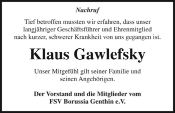 Traueranzeige von Klaus Gawlefsky  von Magdeburger Volksstimme
