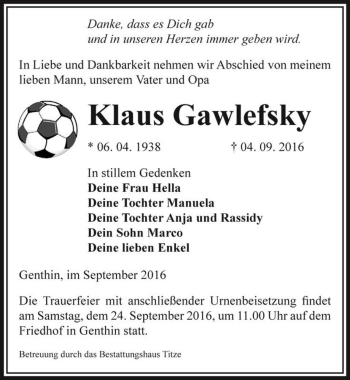 Traueranzeige von Klaus Gawlefsky  von Magdeburger Volksstimme
