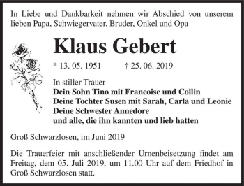 Traueranzeige von Klaus Gebert  von Magdeburger Volksstimme