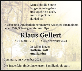 Traueranzeige von Klaus Gellert  von Magdeburger Volksstimme