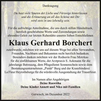 Traueranzeige von Klaus Gerhard Borchert  von Magdeburger Volksstimme