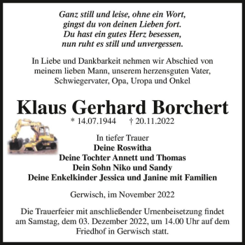 Traueranzeige von Klaus Gerhard Borchert  von Magdeburger Volksstimme