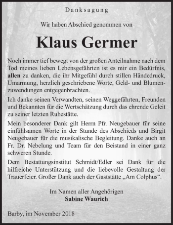 Traueranzeige von Klaus Germer  von Magdeburger Volksstimme