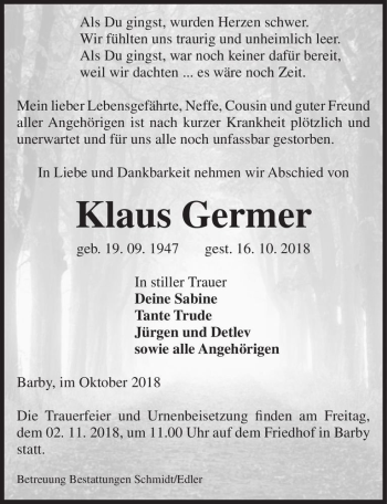 Traueranzeige von Klaus Germer  von Magdeburger Volksstimme