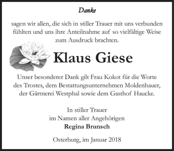Traueranzeige von Klaus Giese  von Magdeburger Volksstimme