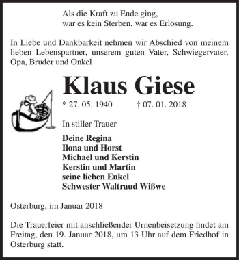 Traueranzeige von Klaus Giese  von Magdeburger Volksstimme
