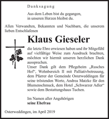 Traueranzeige von Klaus Gieseler  von Magdeburger Volksstimme