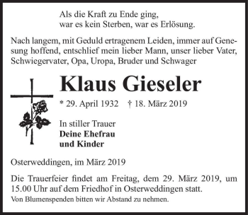 Traueranzeige von Klaus Gieseler  von Magdeburger Volksstimme