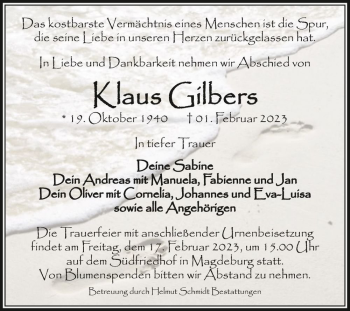 Traueranzeige von Klaus Gilbers  von Magdeburger Volksstimme