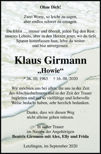 Traueranzeige von Klaus Girmann 