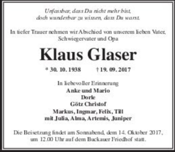 Traueranzeige von Klaus Glaser  von Magdeburger Volksstimme
