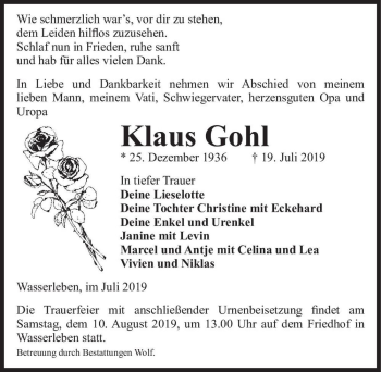 Traueranzeige von Klaus Gohl  von Magdeburger Volksstimme