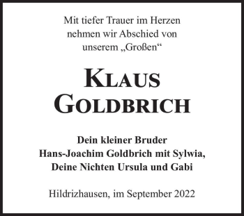 Traueranzeige von Klaus Goldbrich  von Magdeburger Volksstimme
