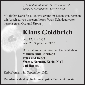 Traueranzeige von Klaus Goldbrich  von Magdeburger Volksstimme