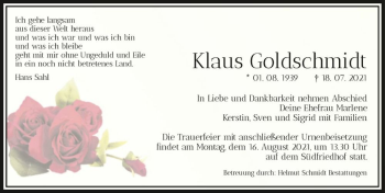 Traueranzeige von Klaus Goldschmidt  von Magdeburger Volksstimme