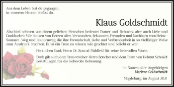 Traueranzeige von Klaus Goldschmidt  von Magdeburger Volksstimme