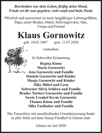 Traueranzeige von Klaus Gornowitz  von Magdeburger Volksstimme