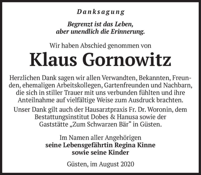  Traueranzeige für Klaus Gornowitz  vom 15.08.2020 aus Magdeburger Volksstimme