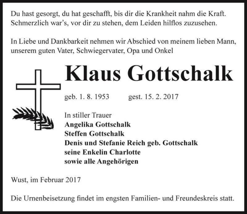  Traueranzeige für Klaus Gottschalk  vom 18.02.2017 aus Magdeburger Volksstimme