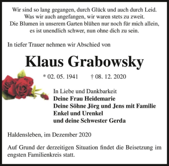 Traueranzeige von Klaus Grabowsky  von Magdeburger Volksstimme