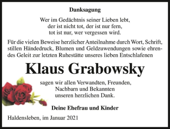 Traueranzeige von Klaus Grabowsky  von Magdeburger Volksstimme