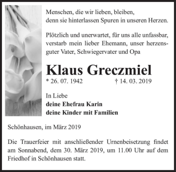 Traueranzeige von Klaus Greczmiel  von Magdeburger Volksstimme