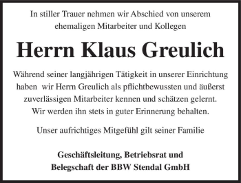 Traueranzeige von Klaus Greulich  von Magdeburger Volksstimme