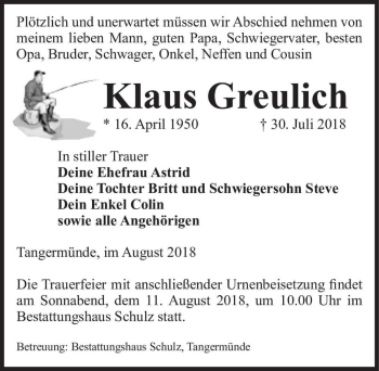 Traueranzeige von Klaus Greulich  von Magdeburger Volksstimme
