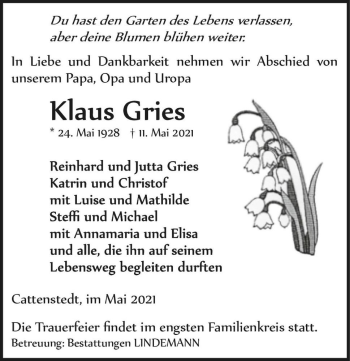 Traueranzeige von Klaus Gries  von Magdeburger Volksstimme