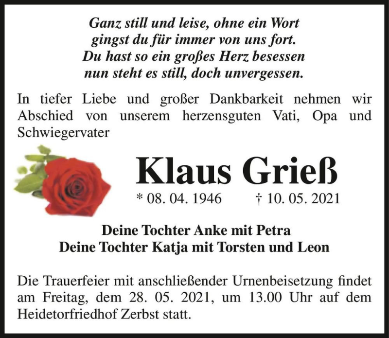  Traueranzeige für Klaus Grieß  vom 22.05.2021 aus Magdeburger Volksstimme