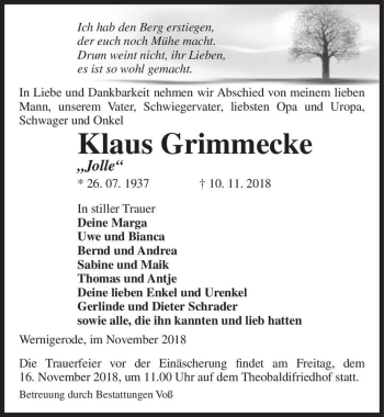 Traueranzeige von Klaus Grimmecke 
