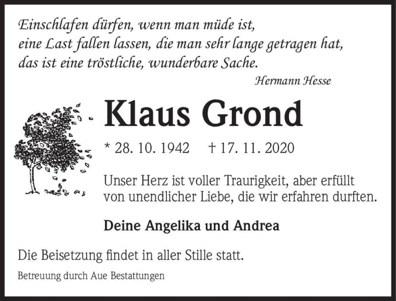  Traueranzeige für Klaus Grond  vom 21.11.2020 aus Magdeburger Volksstimme