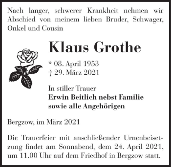 Traueranzeige von Klaus Grothe  von Magdeburger Volksstimme