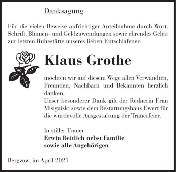 Traueranzeige von Klaus Grothe  von Magdeburger Volksstimme