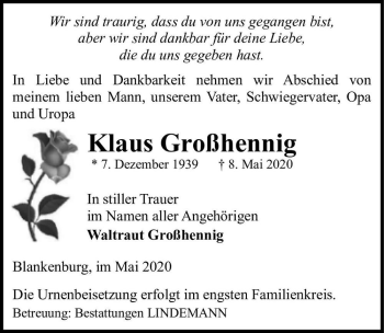 Traueranzeige von Klaus Großhennig  von Magdeburger Volksstimme