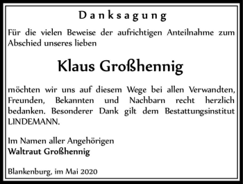 Traueranzeige von Klaus Großhennig  von Magdeburger Volksstimme