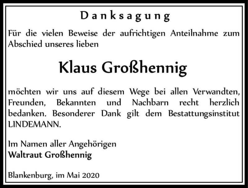  Traueranzeige für Klaus Großhennig  vom 06.06.2020 aus Magdeburger Volksstimme