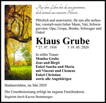 Traueranzeige von Klaus Grube  von Magdeburger Volksstimme