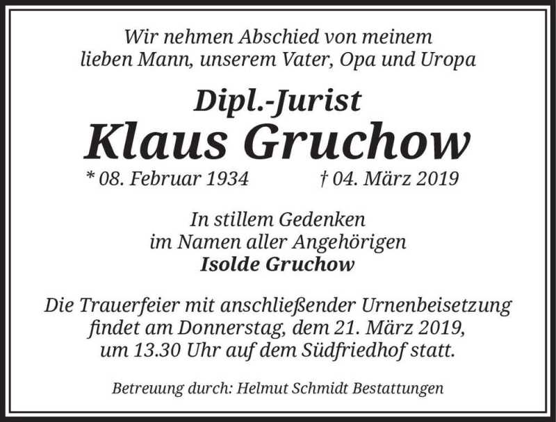  Traueranzeige für Klaus Gruchow  vom 16.03.2019 aus Magdeburger Volksstimme