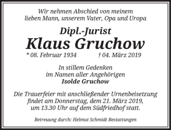 Traueranzeige von Klaus Gruchow  von Magdeburger Volksstimme