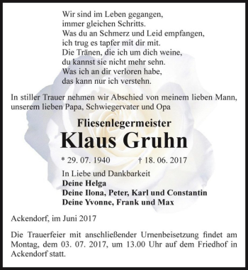 Traueranzeige von Klaus Gruhn  von Magdeburger Volksstimme