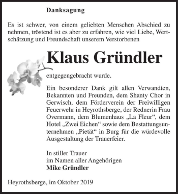 Traueranzeige von Klaus Gründler  von Magdeburger Volksstimme